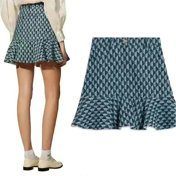 NWT Sandro Women's Blue Navy Logo Ruffle Paulina Mini Skirt Size Small 2 4 - Picture 5 of 16